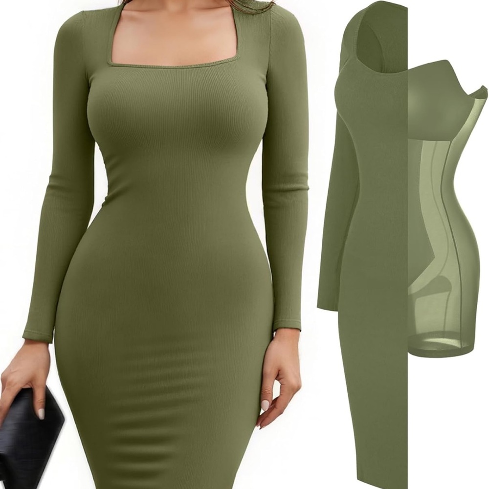 Popilush Olive Green Bodycon Midi Dress with built in shapewear